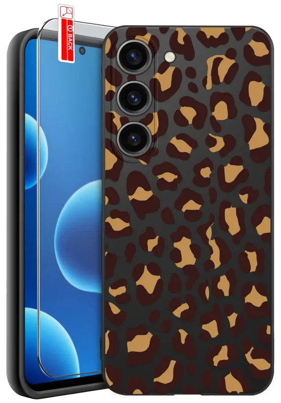 Etui jesienne do Samsung Galaxy S23 KrainaGSM z motywem panterki w brązowo-beżowe cętki na czarnym tle ze szkłem hartowanym 9H