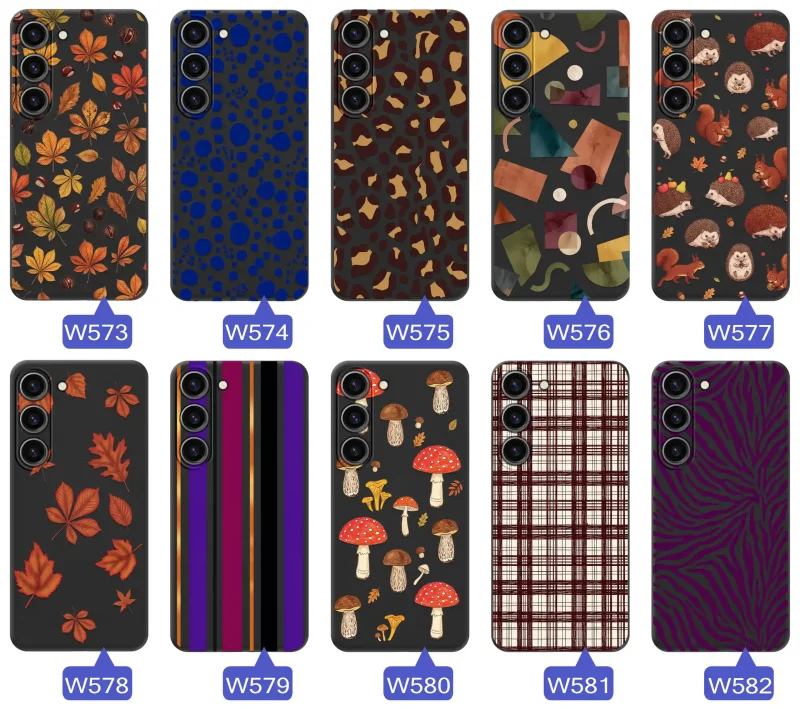 Różne etui jesienne do Samsung Galaxy S23 z kolorowymi nadrukami liści, grzybów, zwierząt, kraty i panterki