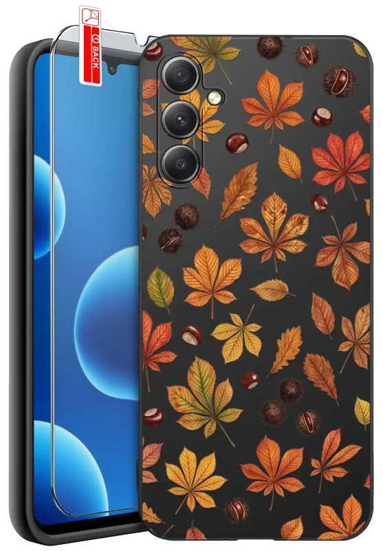 Etui jesienne do Samsung Galaxy A14 5G z kolorowym wzorem liści i kasztanów na czarnym pokrowcu oraz szkłem hartowanym 9H w zestawie