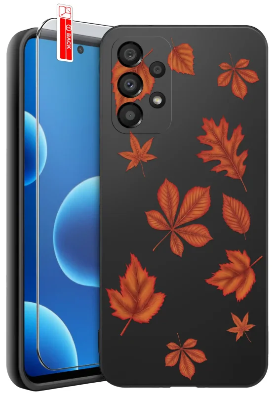 Etui jesienne do Samsung Galaxy A53 5G z nadrukiem pomarańczowych i czerwonych liści na czarnym pokrowcu oraz szkłem hartowanym 9H w zestawie