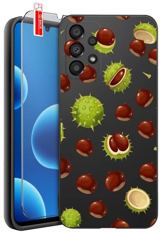 Etui jesienne do Samsung Galaxy A33 5G z nadrukiem brązowych kasztanów i zielonych kolczastych łupin na czarnym pokrowcu oraz szkłem hartowanym 9H w zestawie