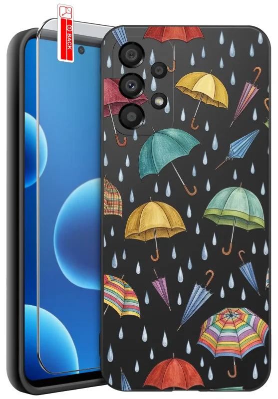 Etui jesienne do Samsung Galaxy A52 | A52s 5G z nadrukiem kolorowych parasolek i kropli deszczu na czarnym pokrowcu oraz szkłem hartowanym 9H w zestawie