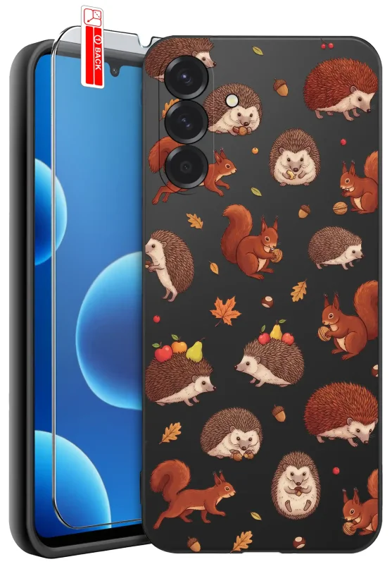 Etui jesienne do Samsung Galaxy A26 5G z nadrukiem jeży, rudych wiewiórek, żołędzi i kolorowych jesiennych liści na czarnym pokrowcu oraz szkłem hartowanym 9H w zestawie