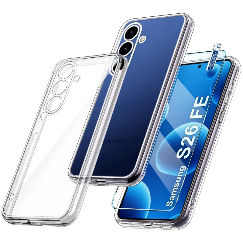 Bezbarwne etui 2 mm do Samsung Galaxy S26 FE ze szkłem hartowanym 9H widok zestawu