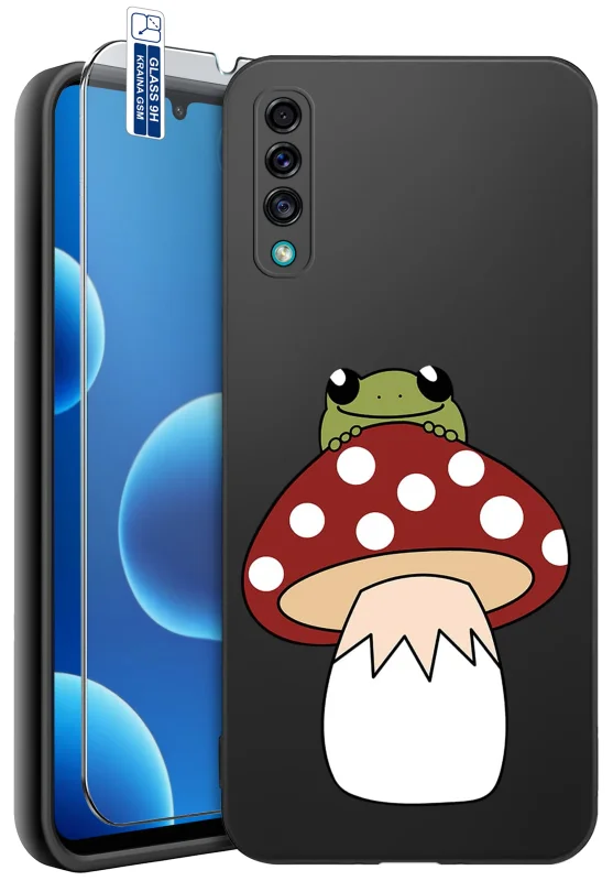 Etui do Samsung Galaxy A50 | A30s ze wzorem zielonej żabki wyglądającej zza czerwonego muchomora oraz szkło hartowane 9H w komplecie