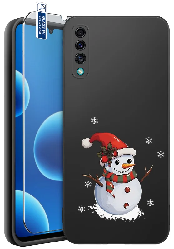 Etui świąteczne do Samsung Galaxy A50 | A30s z nadrukiem uśmiechniętego bałwanka w czapce Mikołaja i szaliku na czarnym tle oraz szkło hartowane 9H w zestawie