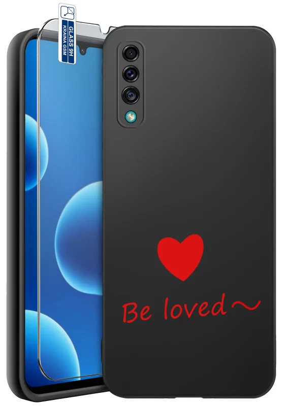 Etui walentynkowe do Samsung Galaxy A50 | A30s z czerwonym sercem i napisem Be loved na czarnym pokrowcu oraz szkło hartowane 9H w zestawie