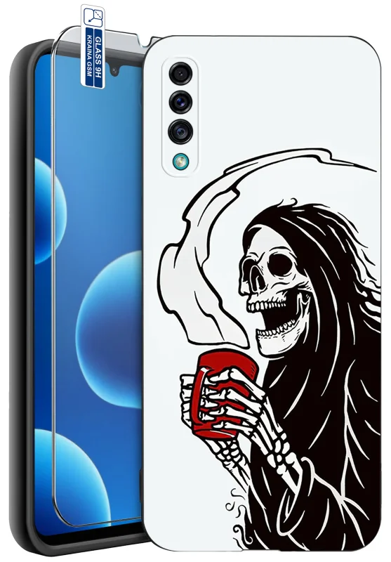 Etui Halloween do Samsung Galaxy A50 | A30s z nadrukiem kostuchy z kosą trzymającej czerwony kubek oraz szkło hartowane 9H w zestawie