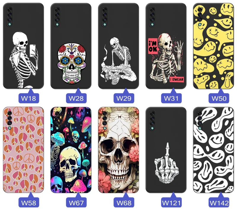 Kolekcja różnych wzorów etui Halloween do Samsung Galaxy A50 | A30s z motywami czaszek, szkieletów, uśmiechów i grafik w stylu dark