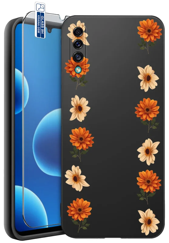 Etui dla Babci do Samsung Galaxy A50 | A30s z nadrukiem pomarańczowych i kremowych kwiatów oraz szkło hartowane 9H w zestawie