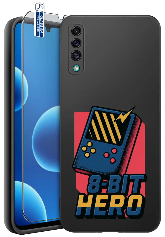 Etui dla Dziadka do Samsung Galaxy A50 | A30s z nadrukiem retro konsoli do gier i napisem 8-BIT HERO oraz szkło hartowane 9H w zestawie