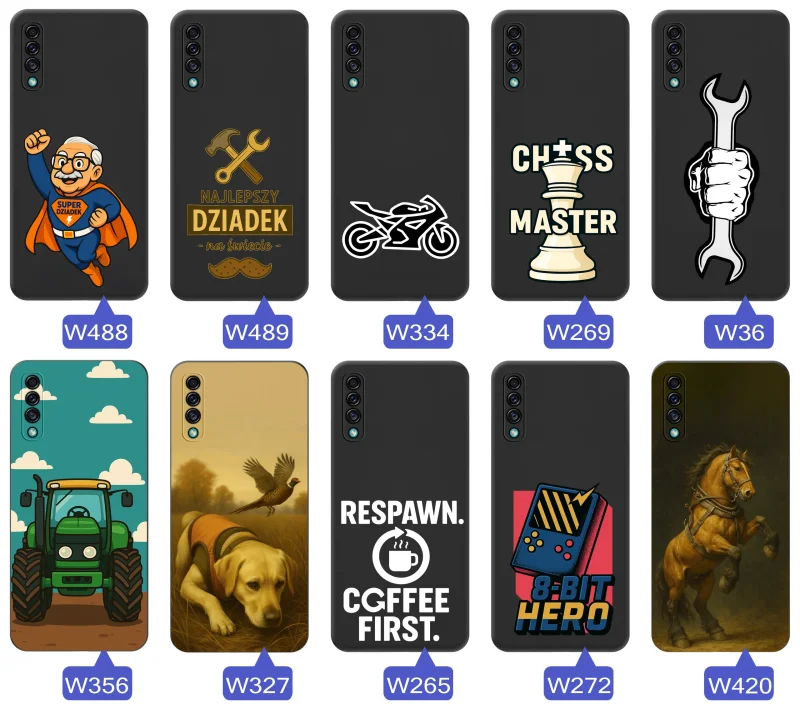 Kolekcja wzorów etui dla dziadka do Samsung Galaxy A50 | A30s: Super Dziadek, narzędzia, szachy, motocykl, traktor, pies, koń i retro gaming