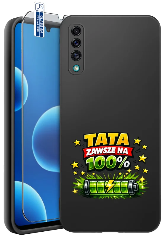 Etui dla Taty do Samsung Galaxy A50 | A30s z kolorowym nadrukiem Tata zawsze na 100% i grafiką zielonej baterii oraz szkło hartowane 9H w zestawie