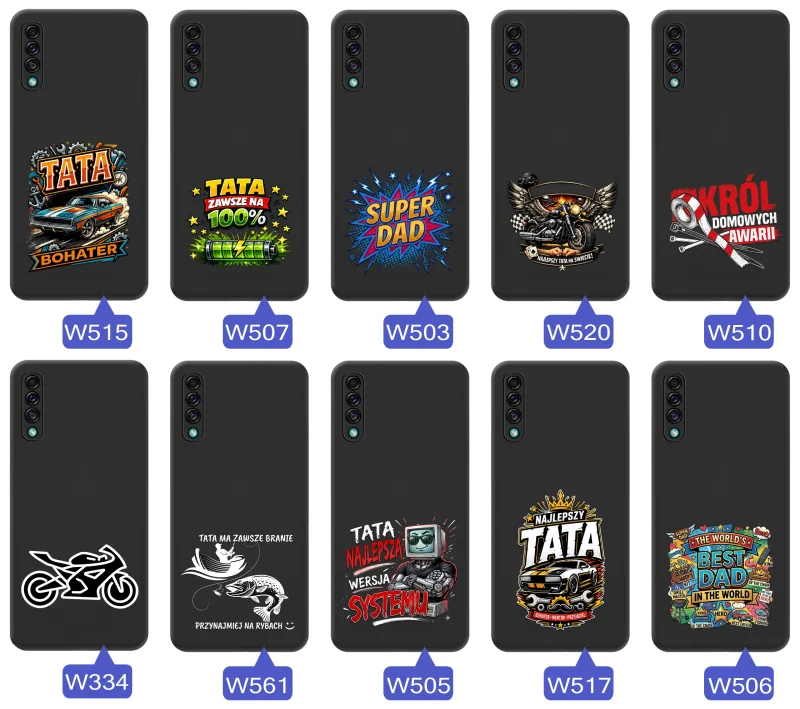 Kolekcja etui dla Taty do Samsung Galaxy A50 | A30s z motywami samochodów, motocykli, narzędzi i wędkarstwa oraz napisami Super Tata, Best Dad i Król Domowych Awarii