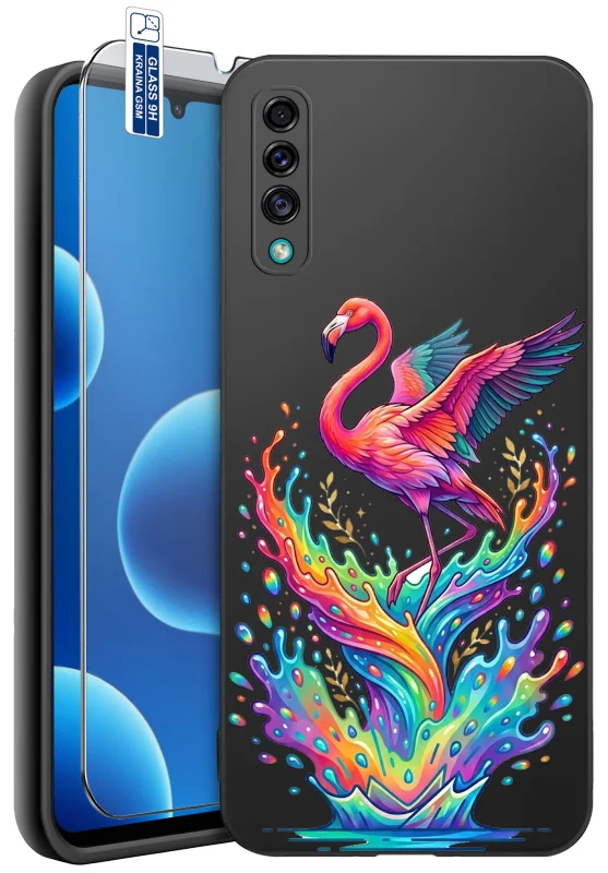 Etui wakacyjne do Samsung Galaxy A50 | A30s z nadrukiem kolorowego flaminga z rozłożonymi skrzydłami i tęczowymi rozbryzgami oraz szkło hartowane 9H w zestawie