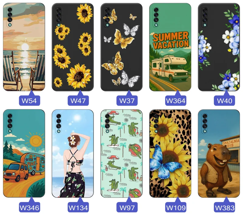 Zestaw etui do Samsung Galaxy A50 | A30s z letnimi wzorami słoneczników, motyli, kampera, plaży, krokodyli i kapibary