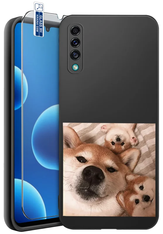 Etui z psem do Samsung Galaxy A50 | A30s z nadrukiem trzech psów rasy shiba inu, w tym dwóch szczeniaków, oraz szkło hartowane 9H w zestawie