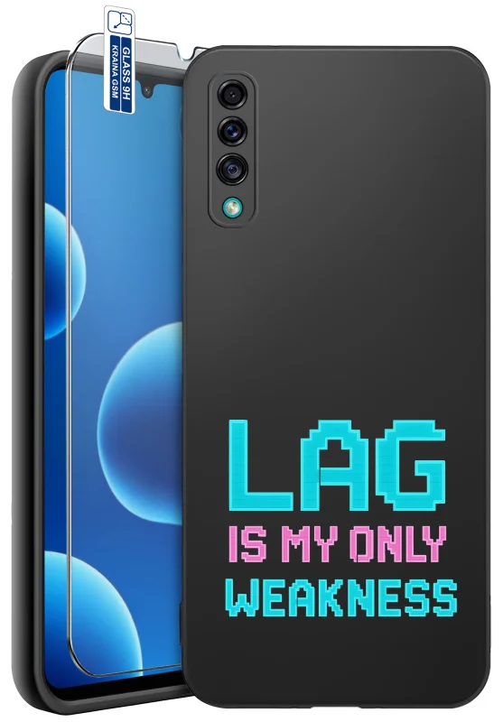 Etui dla gracza do Samsung Galaxy A50 | A30s z pikselowym napisem LAG IS MY ONLY WEAKNESS w turkusowo-różowych kolorach oraz szkło hartowane 9H w zestawie
