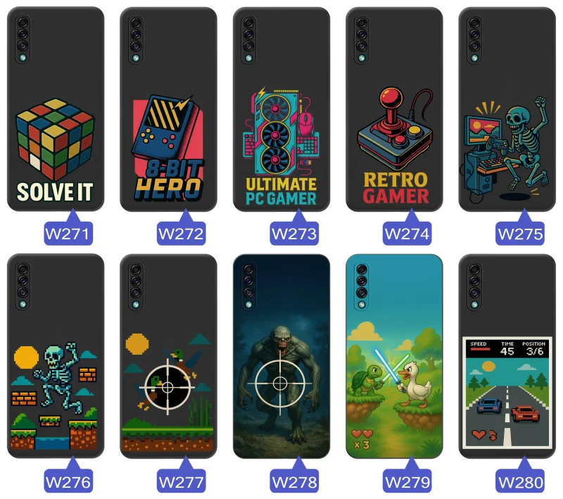 Etui Samsung Galaxy A50 | A30s z nadrukiem retro arcade: joystick, hasło „Retro Gamer” oraz klasyczne elementy konsol w stylu vintage