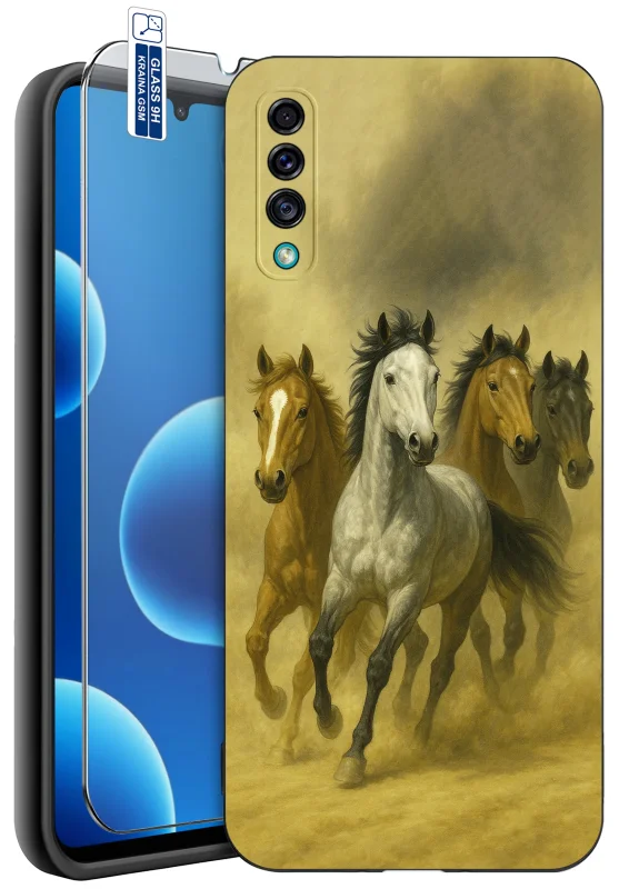 Etui z koniem do Samsung Galaxy A50 | A30s z nadrukiem czterech galopujących koni w odcieniach brązu, bieli i szarości oraz szkło hartowane 9H w zestawie
