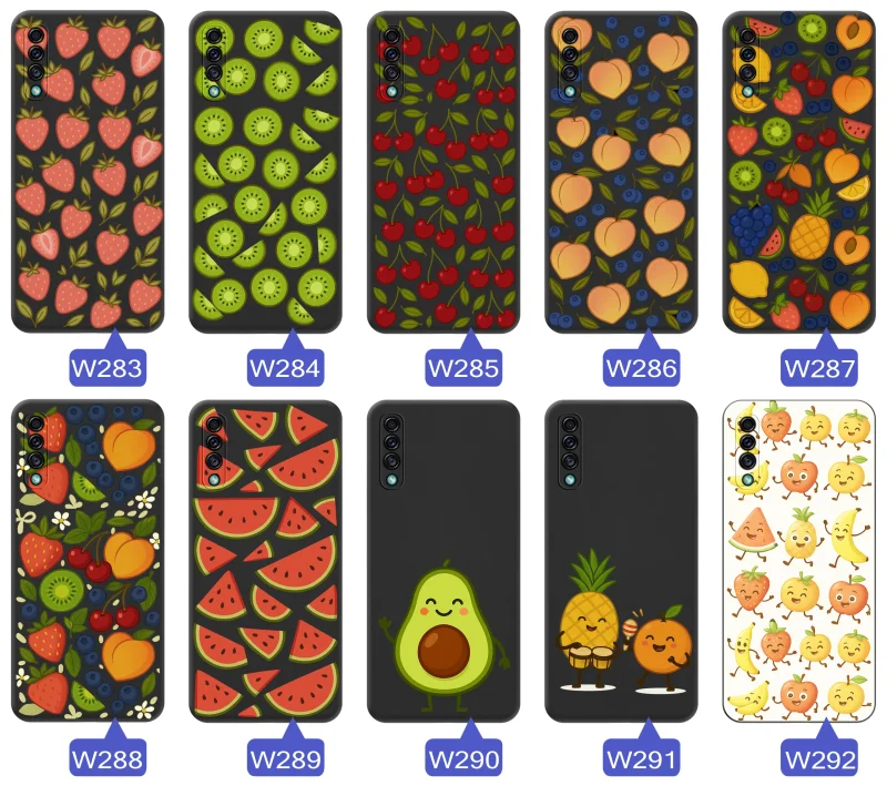 Różne etui z owocami do Samsung Galaxy A50 | A30s: motywy cytrusów, wiśni, kiwi, arbuzów awokado oraz letnich kompozycji owocowych.