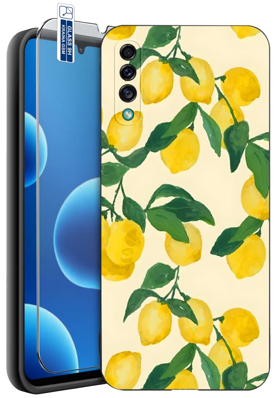 Etui z owocami do Samsung Galaxy A50 | A30s z nadrukiem żółtych cytryn i zielonych liści na jasnokremowym tle oraz szkło hartowane 9H w zestawie