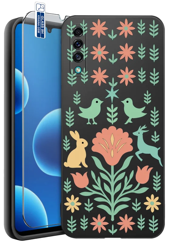 Etui ludowe do Samsung Galaxy A50 | A30s z folkowym nadrukiem kwiatów, ptaków, zająca i jelenia w pastelowych kolorach oraz szkło hartowane 9H w zestawie