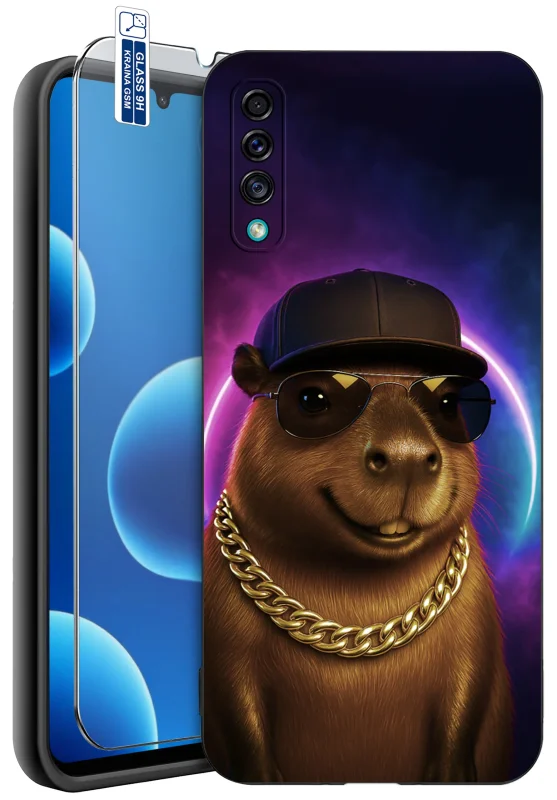 Etui z kapibarą do Samsung Galaxy A50 | A30s z nadrukiem kapibary w czarnej czapce, okularach przeciwsłonecznych i złotym łańcuchu na neonowym tle oraz szkło hartowane 9H w zestawie