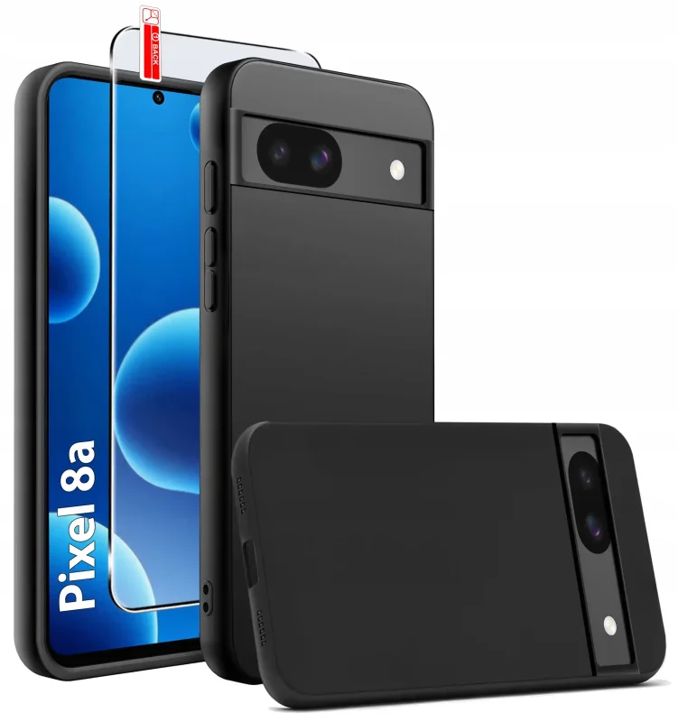 Czarne matowe etui silikonowe do Google Pixel 8A ze szkłem hartowanym 9H w zestawie