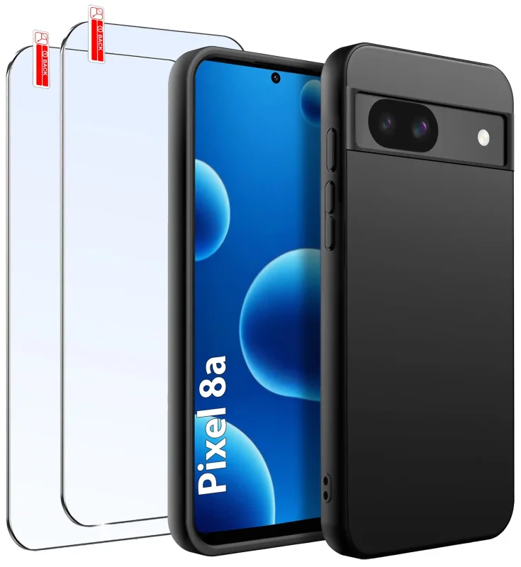 Czarne matowe etui do Google Pixel 8A z dwoma szkłami hartowanymi 9H widok przodu i tyłu telefonu