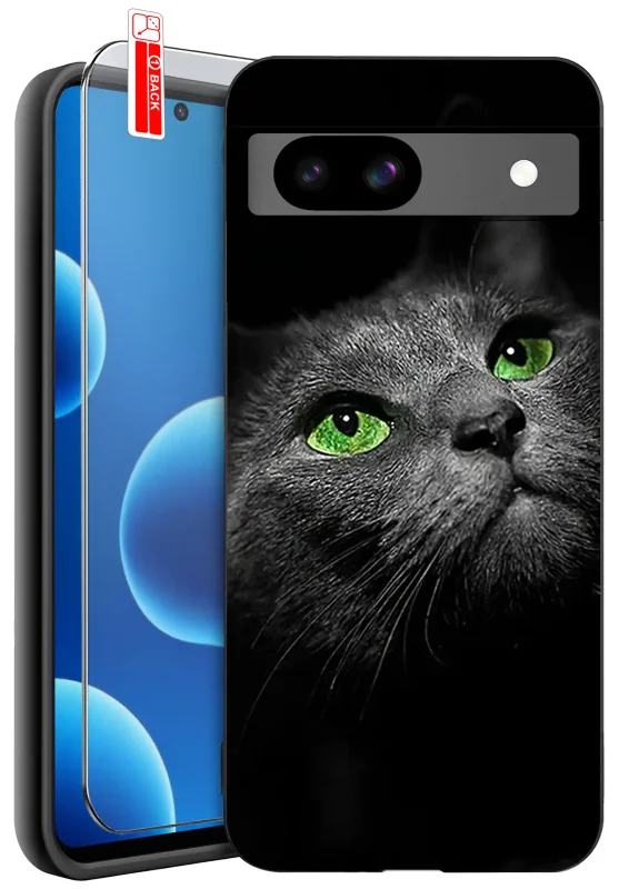Etui do Google Pixel 8A z nadrukiem czarnego kota o zielonych oczach oraz szkłem hartowanym 9H