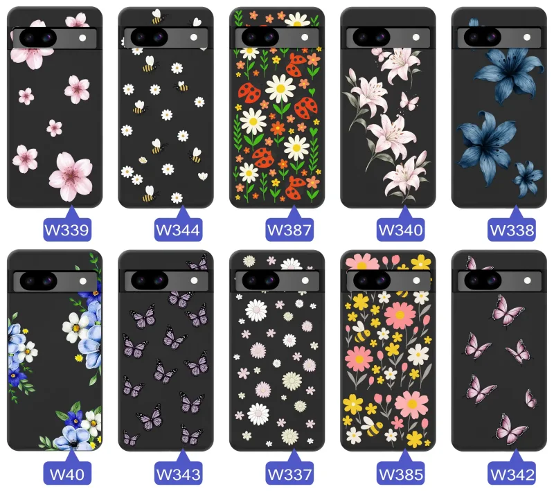 Kolekcja wzorów wiosennych na etui do Google Pixel 8A: kwiaty, motyle, pszczółki, biedronki i truskawki na silikonowych pleckach