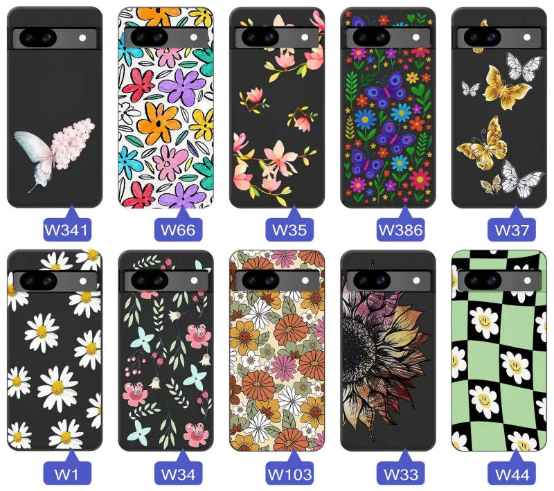 Kolekcja etui wiosennych do Google Pixel 8A z kwiatowymi grafikami, motylami, pszczółkami i kolorowymi wzorami natury