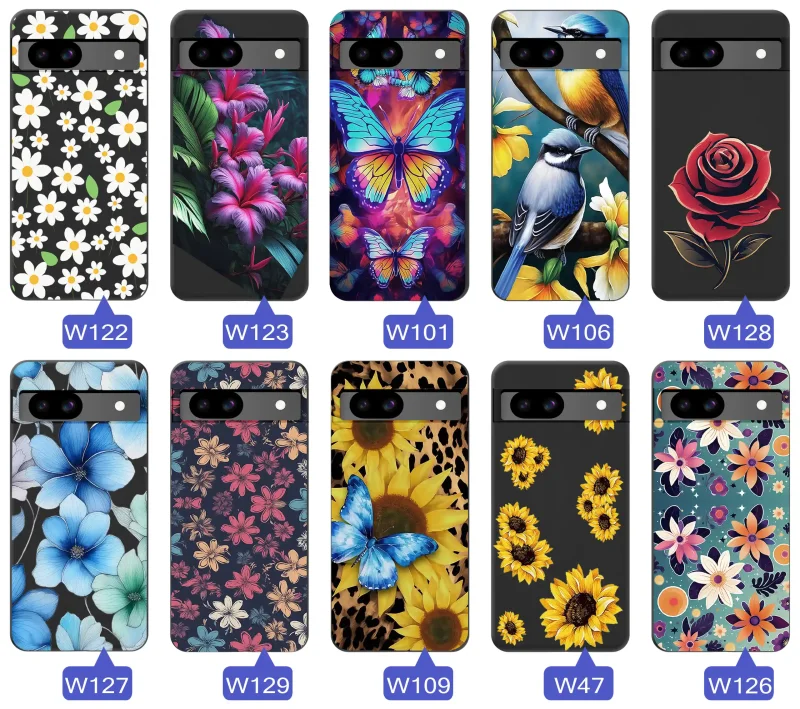 Etui wiosenne do Google Pixel 8A z różnymi grafikami kwiatów, owoców, motyli i ptaków, kolekcja kolorowych wzorów na telefon