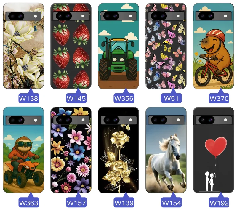 Różne etui z wiosennymi wzorami na Google Pixel 8A, czarne silikonowe plecki z motywami kwiatów, motyli i truskawek