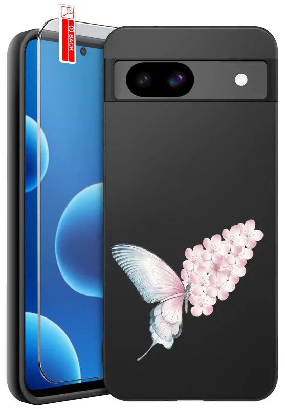 Etui do Google Pixel 8A z nadrukiem pastelowego motyla i różowych kwiatów na czarnym tle oraz szkłem hartowanym 9H