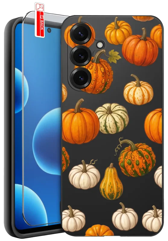 Etui jesienne do Samsung Galaxy S26+ Plus z kolorowym nadrukiem dyń na czarnym pokrowcu oraz szkłem hartowanym 9H w zestawie
