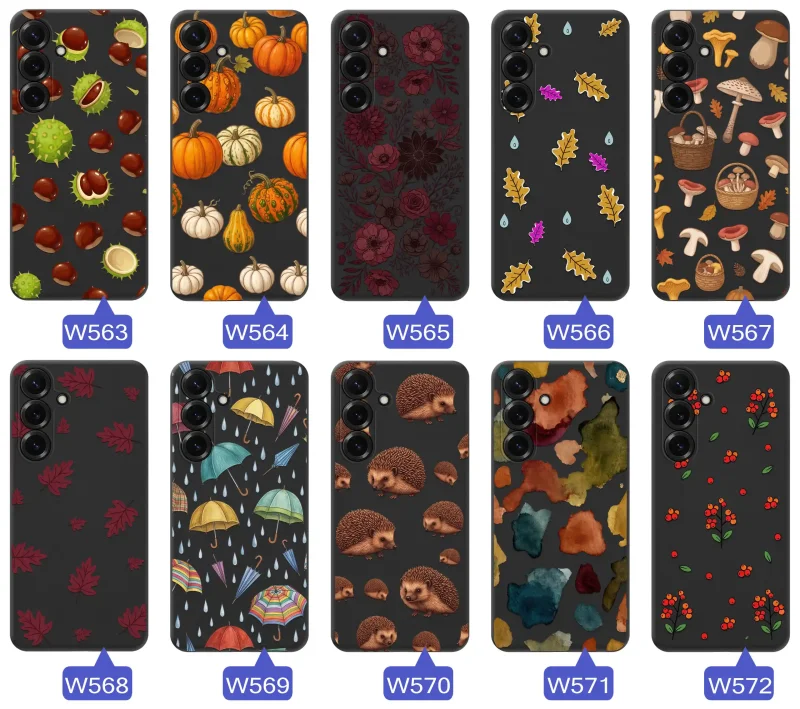 Kolekcja etui jesiennych do Samsung Galaxy S26+ Plus z motywami dyni, kasztanów, grzybów, kwiatów i liści