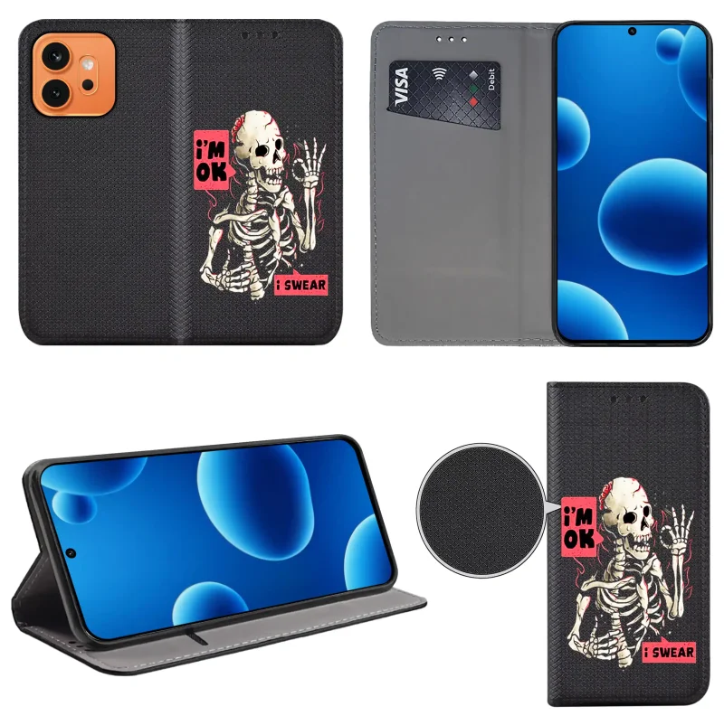 Etui książkowe do Honor 600 z nadrukiem szkieletu, widok przodu i tyłu, kieszonka na kartę oraz funkcja podstawki