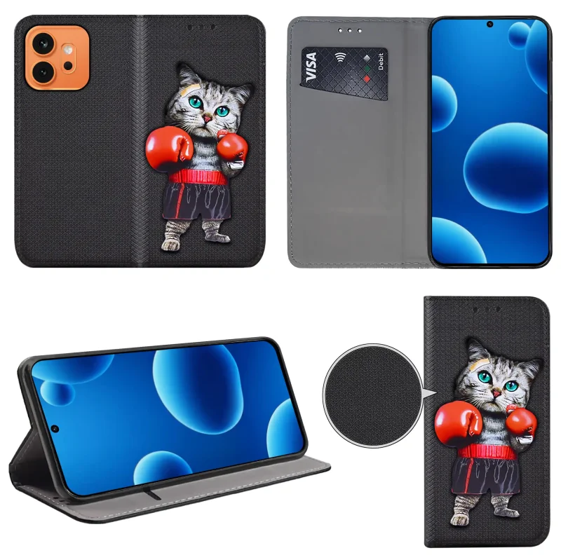Etui książkowe do Honor 600 z kotem, widok przodu i tyłu, kieszonka na kartę oraz funkcja podstawki