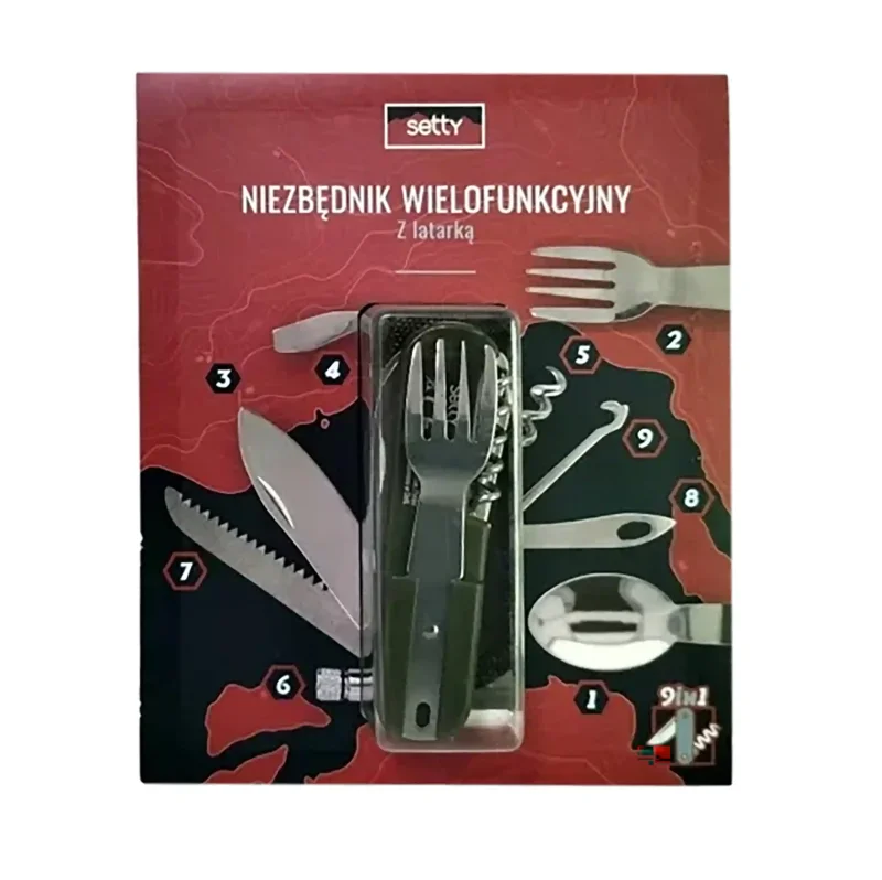 Niezbędnik turystyczny Setty Survival 9w1 z latarką w oryginalnym opakowaniu producenta, widoczne narzędzia i funkcje