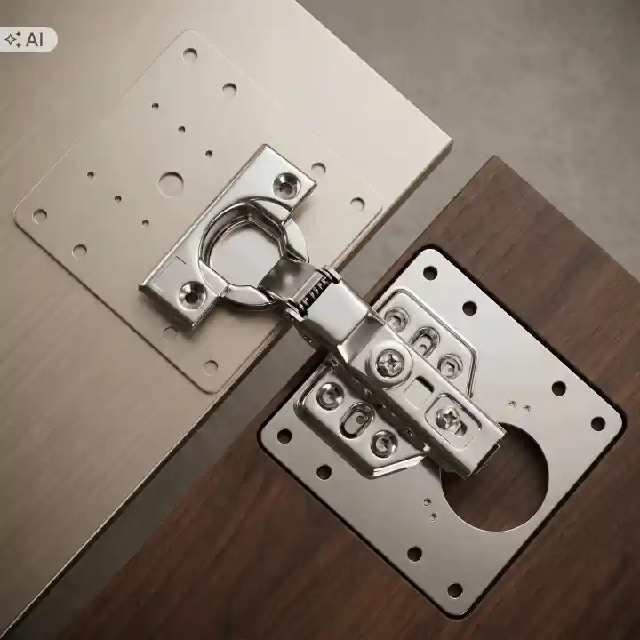 Metalowe płytki naprawcze 9 × 9 cm zamontowane przy zawiasie meblowym, wzmacniające mocowanie drzwiczek szafki