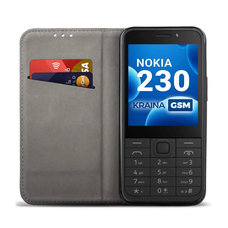 Czarne etui portfelowe do Nokia 230 z miejscem na karty, ukrytym magnesem i funkcją stojaka do codziennego użytkowania