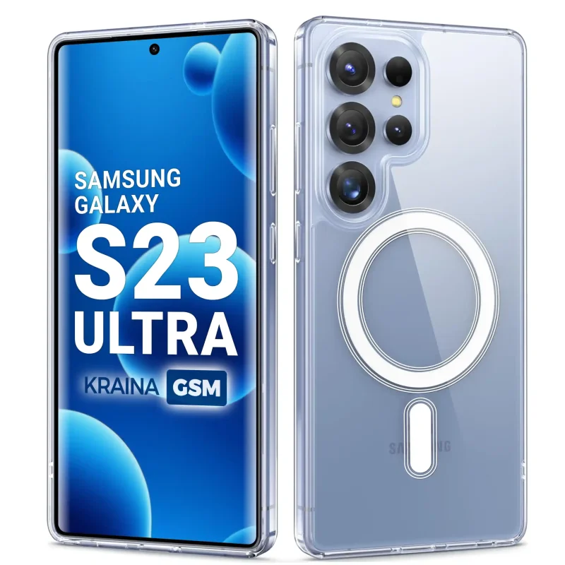 Przezroczyste etui do Samsung Galaxy S23 Ultra z MagSafe, widok telefonu z przodu i z tyłu z osłoną aparatów