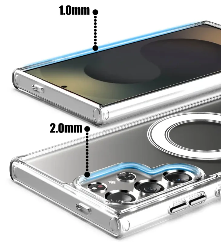 Przezroczyste etui do Samsung Galaxy S23 Ultra z MagSafe, grafika przedstawiająca rant ekranu 1 mm i osłonę aparatów 2 mm
