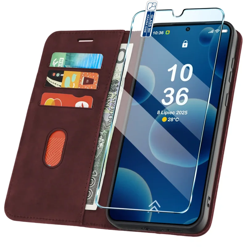 Bordowe etui portfelowe Velvet do Samsung Galaxy S26 z kieszonkami na karty, przegrodą na banknoty i szkłem hartowanym w zestawie