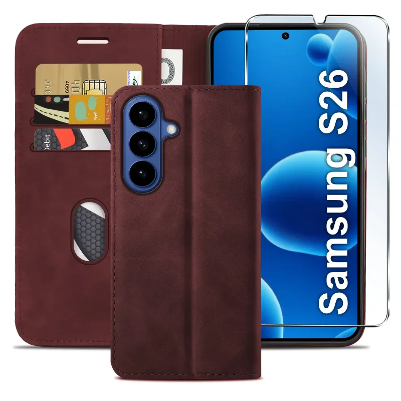 Bordowe etui z klapką do Samsung Galaxy S26 z trzema kieszonkami na karty, przegrodą na banknoty oraz szkłem hartowanym na ekran