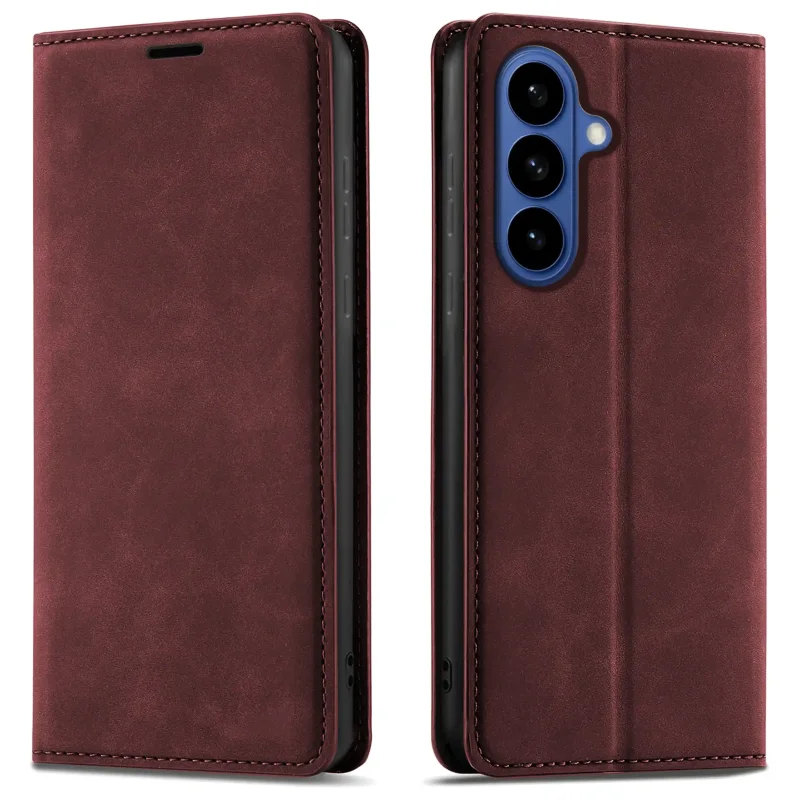 Bordowe etui z klapką Velvet do Samsung Galaxy S26 pokazane z przodu i z tyłu, z wycięciem na aparat oraz zamykaną konstrukcją
