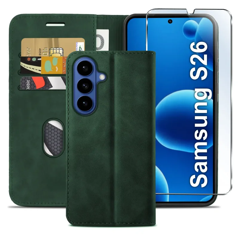 Zielone etui z klapką do Samsung Galaxy S26 z trzema kieszonkami na karty, przegrodą na banknoty oraz szkłem hartowanym na ekran
