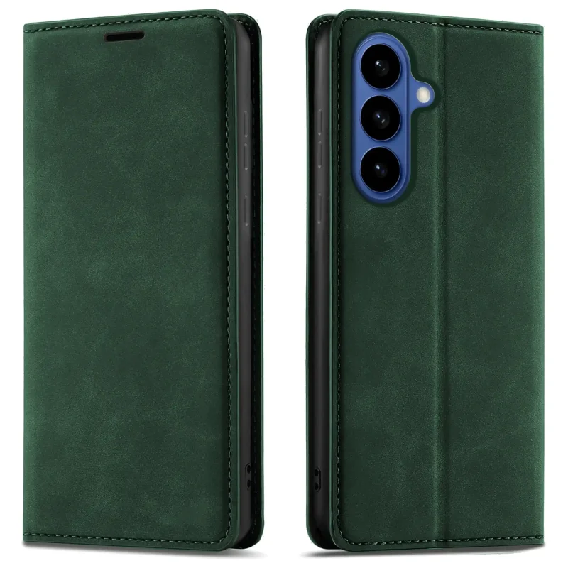 Zielone etui z klapką Velvet do Samsung Galaxy S26 pokazane z przodu i z tyłu, z wycięciem na aparat oraz zamykaną konstrukcją